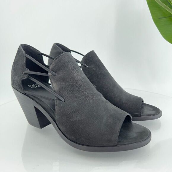 Eileen Fisher Women's Nikki Sandal Size 8 Block Heel Cutouts Black Leather - Picture 1 of 15